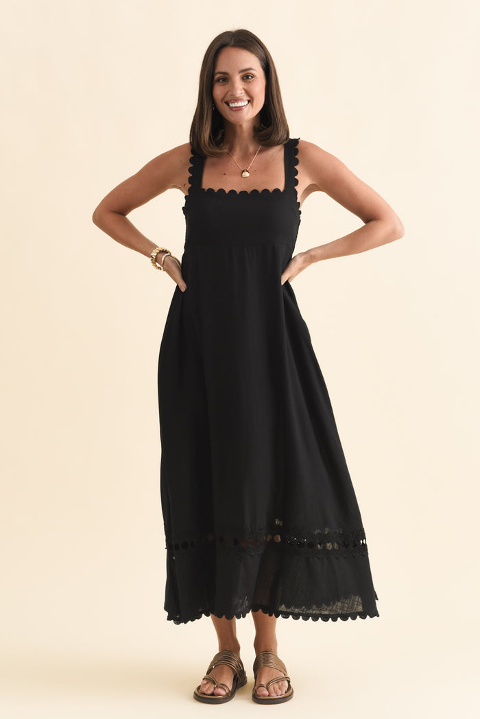 Falice Black Contrast Linen Blend Dress,Brunette model,alt text|model:MJ