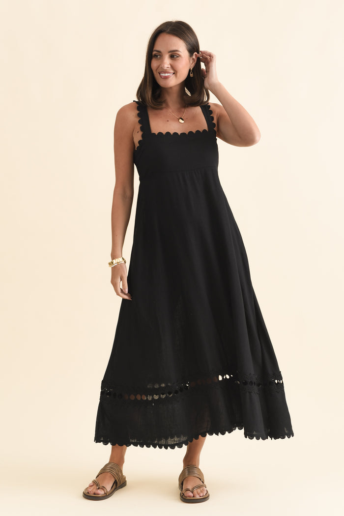 Falice Black Contrast Linen Blend Dress,Brunette model,alt text|model:MJ