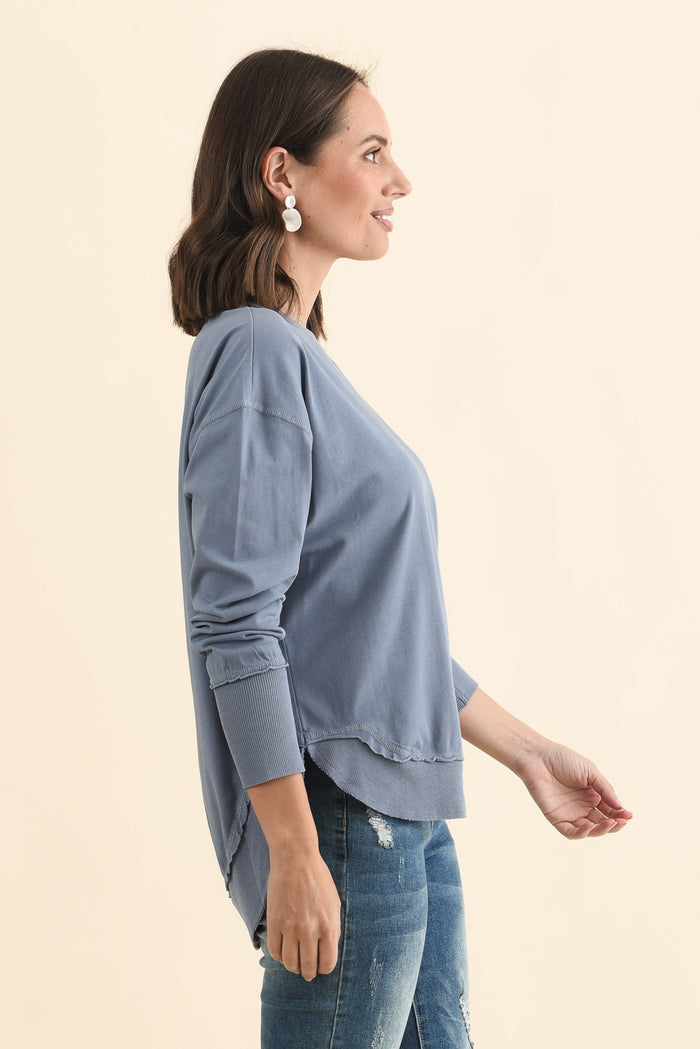 Farrah Blue Cotton Long Sleeve Top,Brunette model,alt text|model:MJ