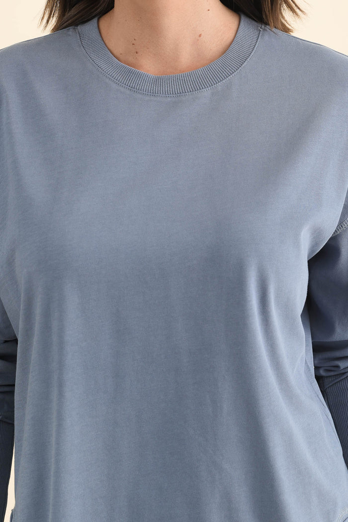 Farrah Blue Cotton Long Sleeve Top,Brunette model,alt text|model:MJ