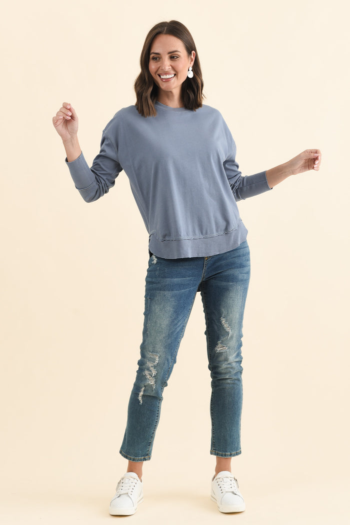 Farrah Blue Cotton Long Sleeve Top,Brunette model,alt text|model:MJ