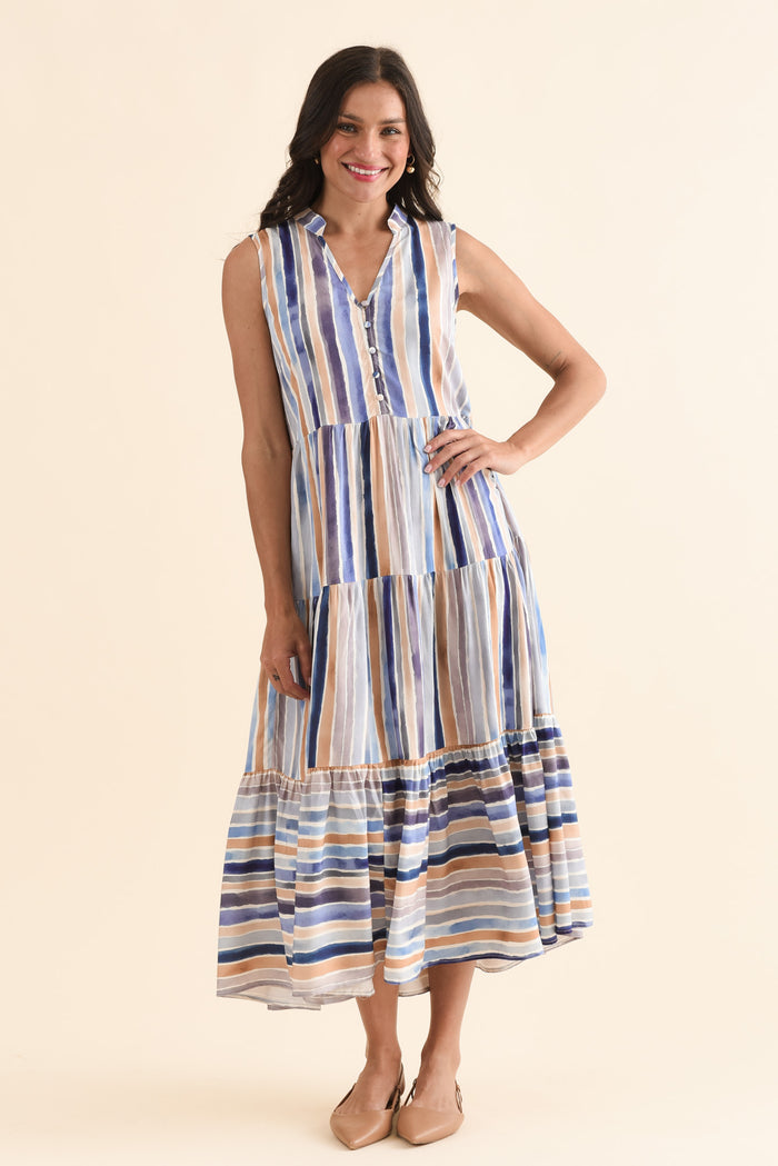 Fernando Blue Stripe Button Dress,Front,Brunette model,alt text|model:Brontie