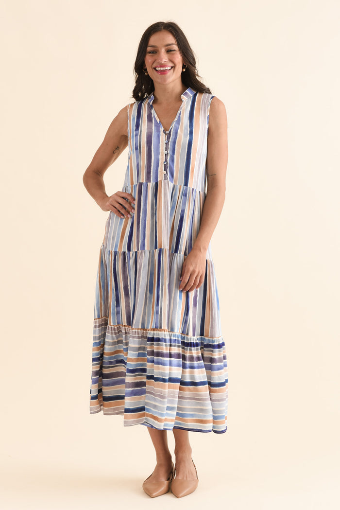 Fernando Blue Stripe Button Dress,Full Body,Brunette model,alt text|model:Brontie