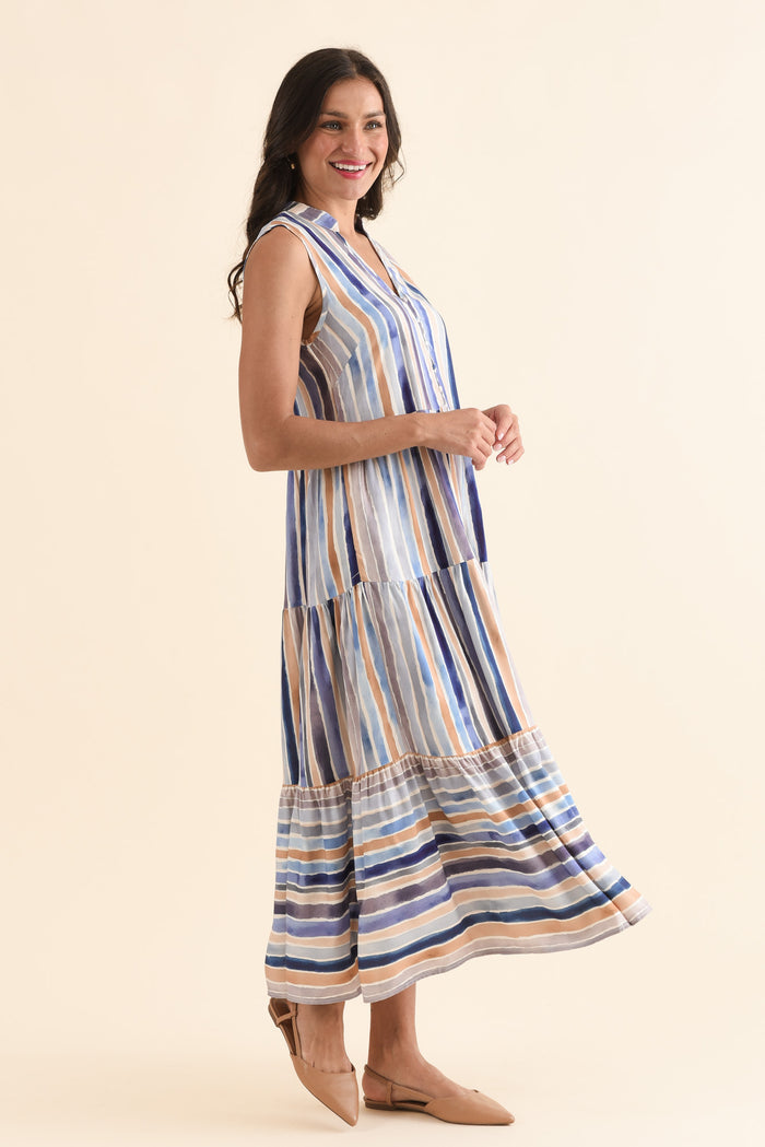 Fernando Blue Stripe Button Dress,Side,Brunette model,alt text|model:Brontie
