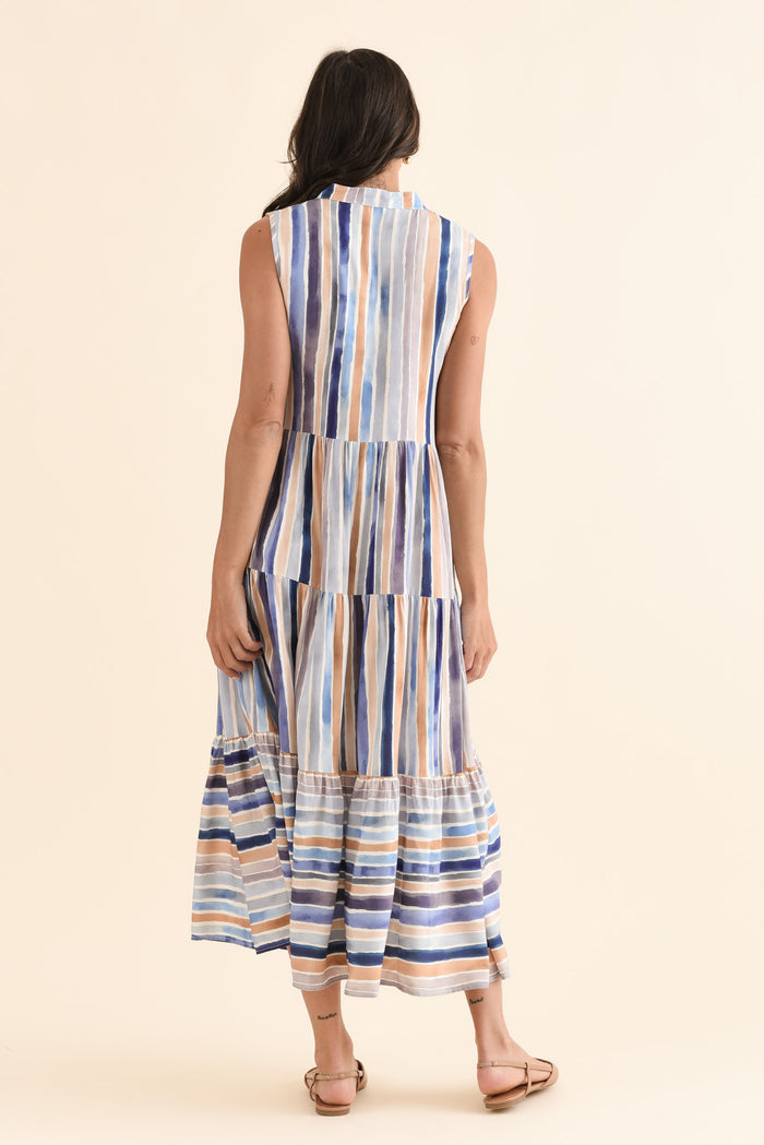 Fernando Blue Stripe Button Dress,Back,Brunette model,alt text|model:Brontie