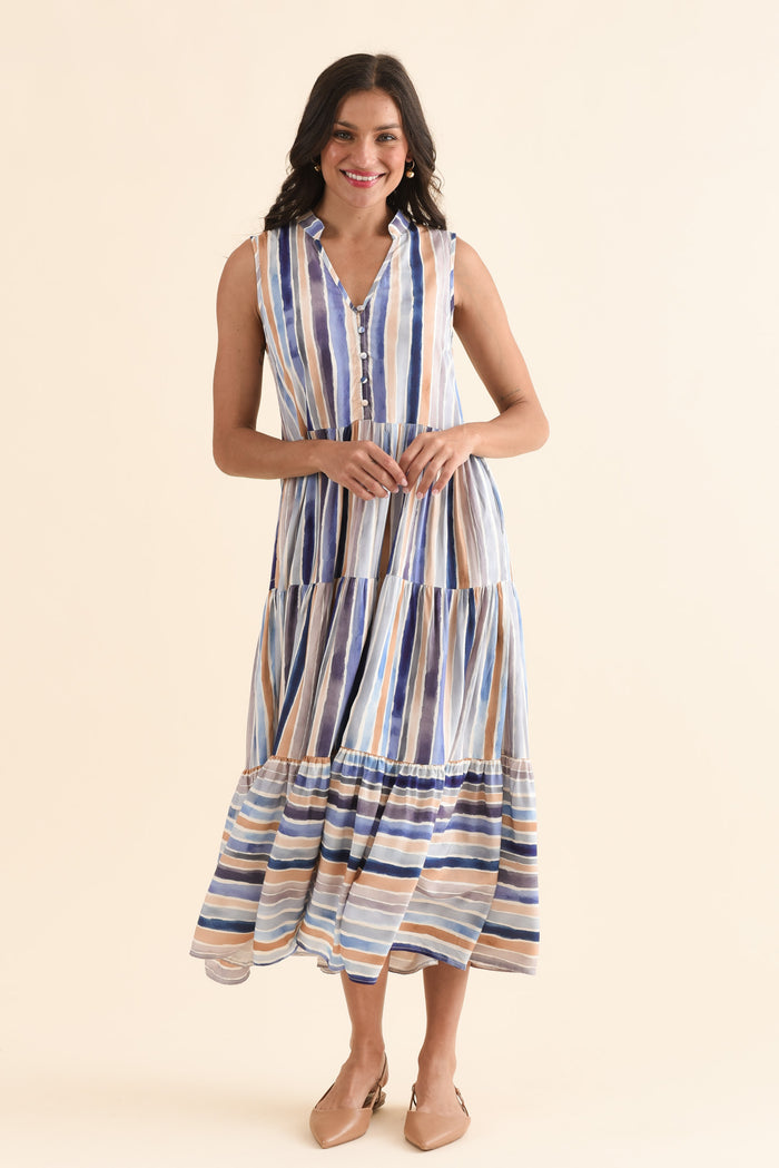 Fernando Blue Stripe Button Dress,Full Body,Brunette model,alt text|model:Brontie