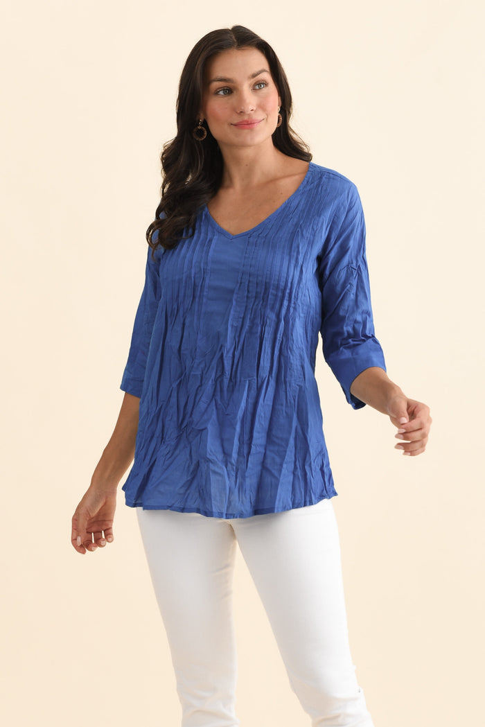 Fia Cobalt Sleeved Crinkle Cotton Top,Brunette model,alt text|model:Brontie