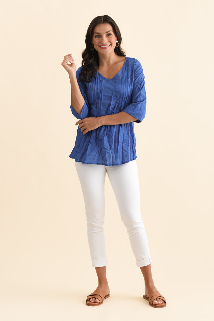 Fia Cobalt Sleeved Crinkle Cotton Top,Brunette model,alt text|model:Brontie