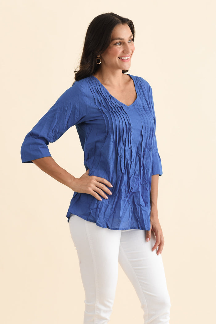 Fia Cobalt Sleeved Crinkle Cotton Top,Brunette model,alt text|model:Brontie