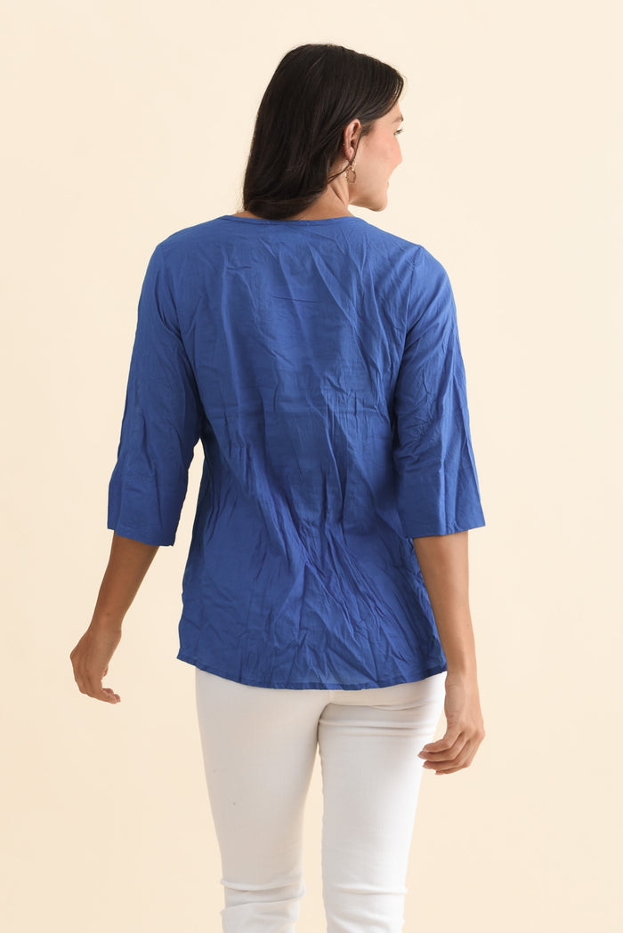 Fia Cobalt Sleeved Crinkle Cotton Top,Brunette model,alt text|model:Brontie