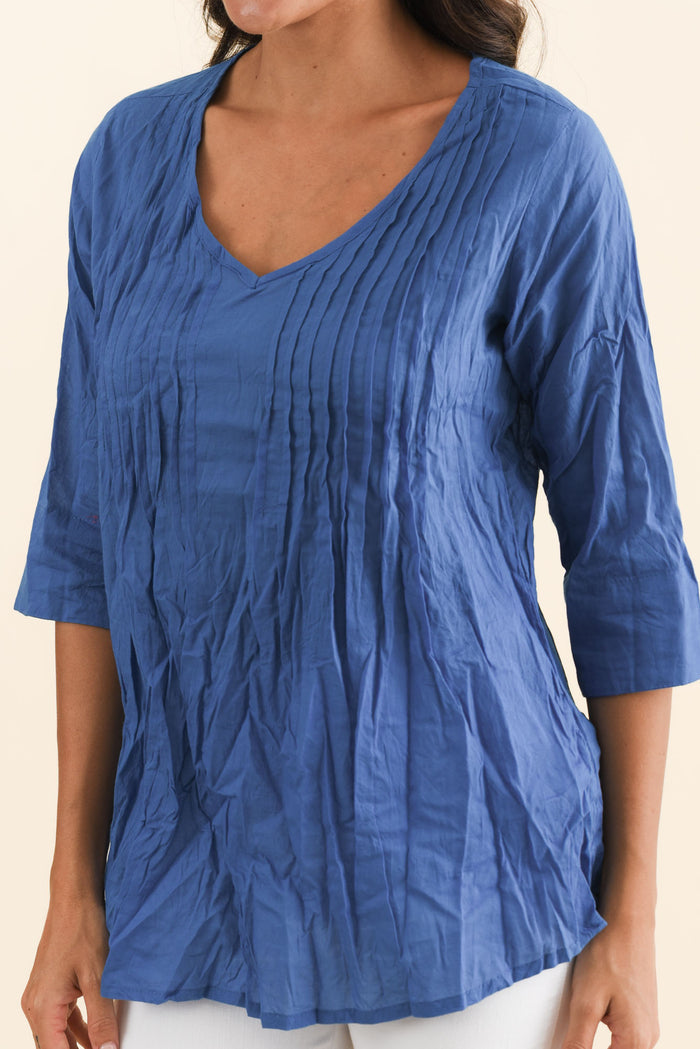 Fia Cobalt Sleeved Crinkle Cotton Top,Brunette model,alt text|model:Brontie