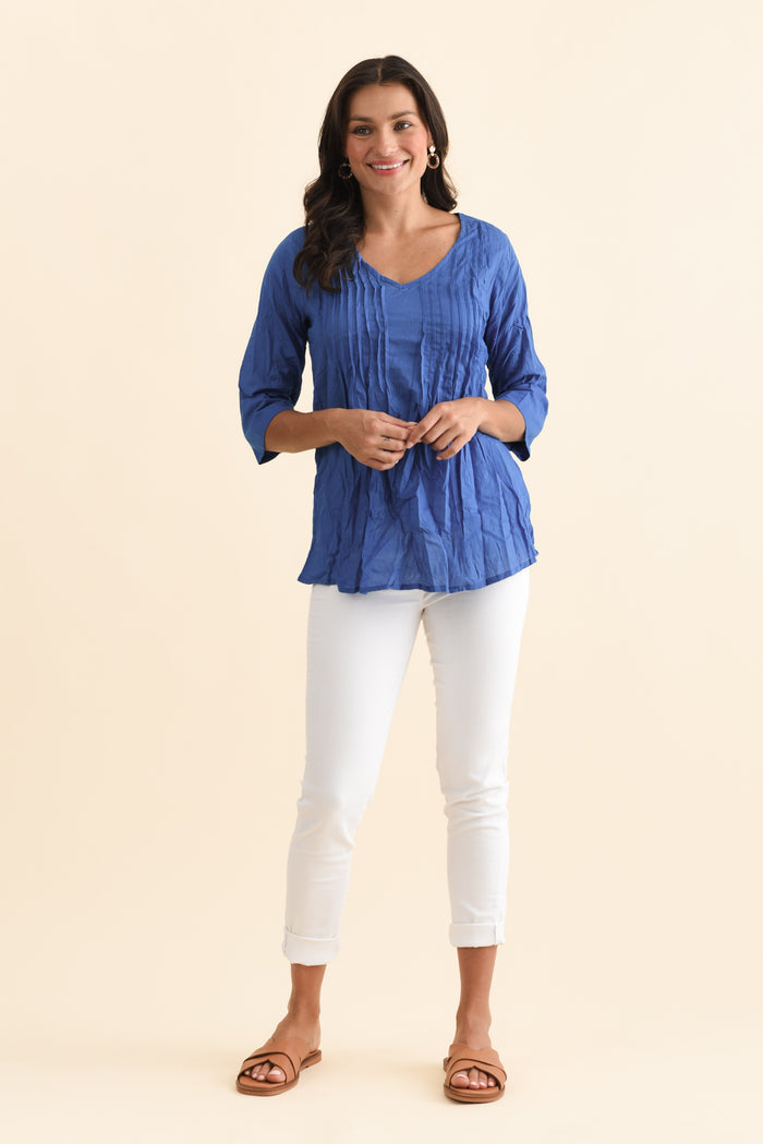 Fia Cobalt Sleeved Crinkle Cotton Top,Brunette model,alt text|model:Brontie
