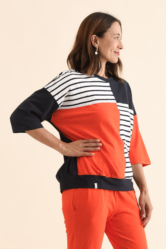 Fig Navy Contrast Cotton Sweat,Side,Brunette model,alt text|model:Cara