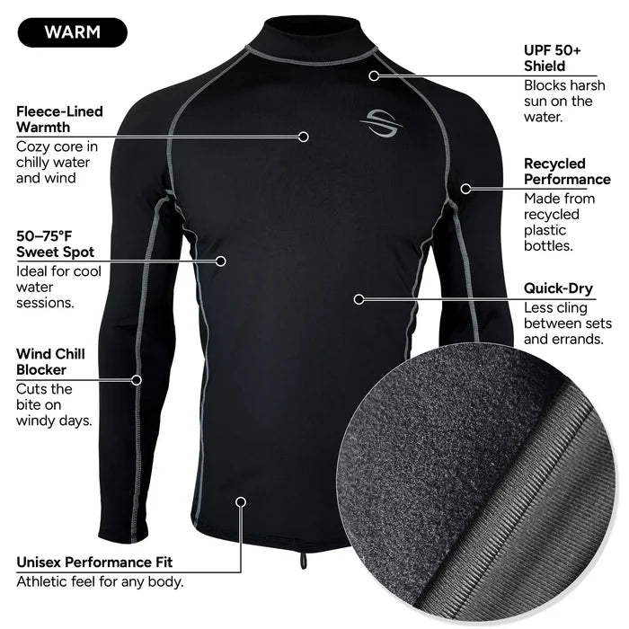 Fleece-Lined Thermo Rash Guard for Cold Water, Unisex UPF 50+ | Black
