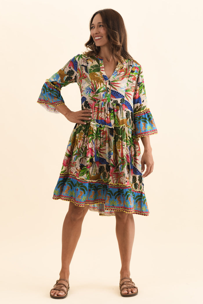 Frankie Green Tropical Frill Sleeve Dress,Brunette model,alt text|model:Cara