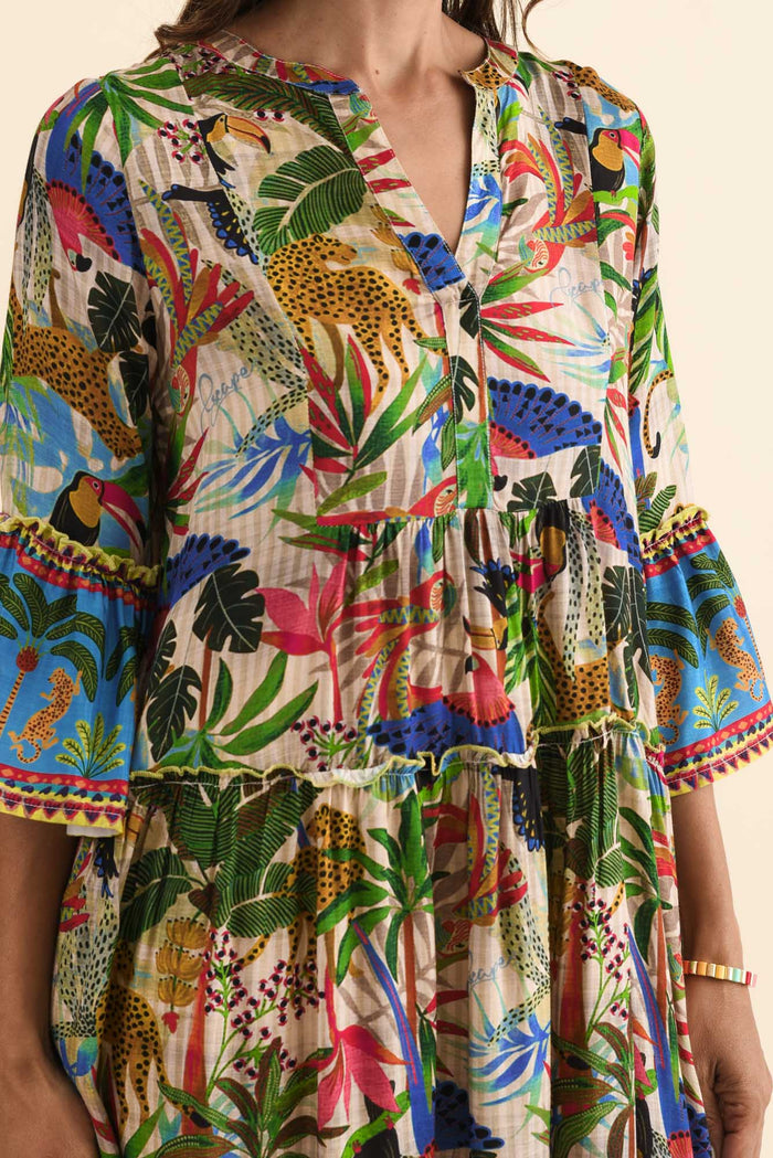 Frankie Green Tropical Frill Sleeve Dress,Brunette model,alt text|model:Cara