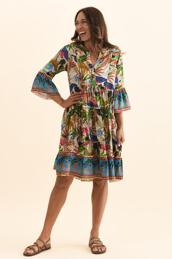 Frankie Green Tropical Frill Sleeve Dress,Brunette model,alt text|model:Cara