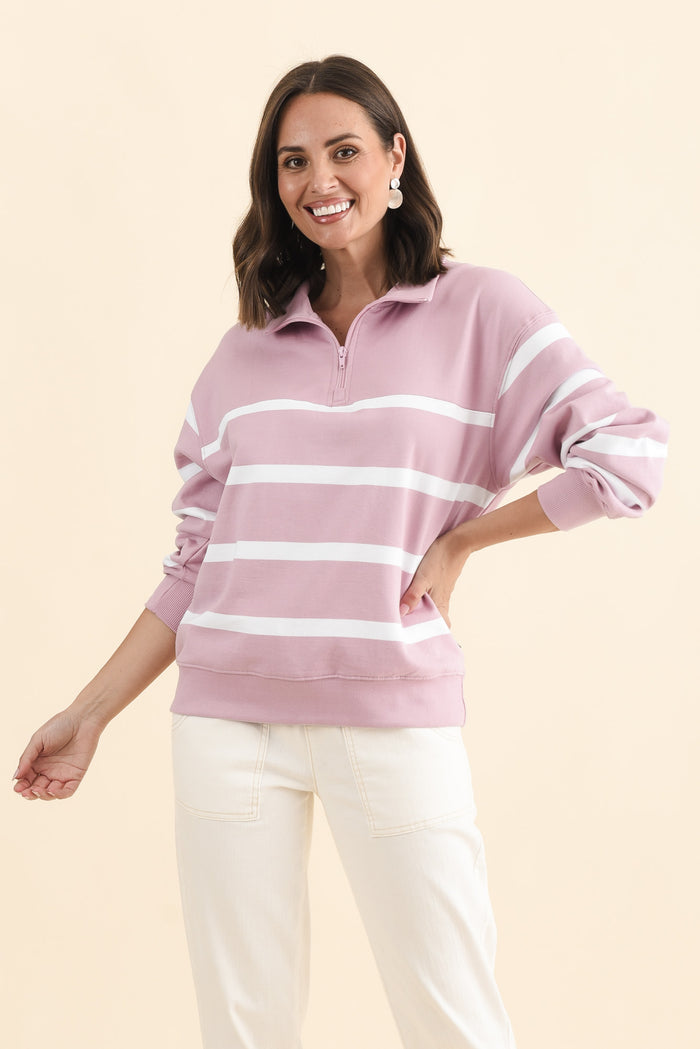 Freedom Pink Stripe Half Zip Sweatshirt,Brunette model,alt text|model:MJ