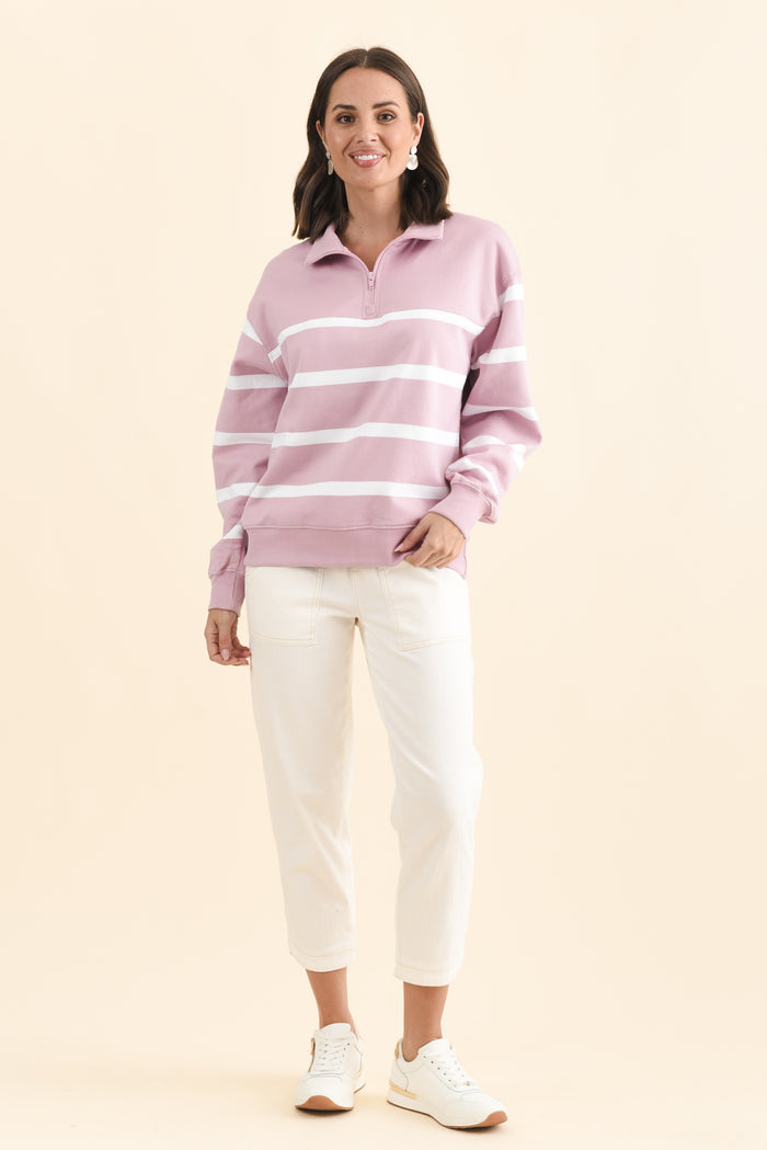 Freedom Pink Stripe Half Zip Sweatshirt,Brunette model,alt text|model:MJ
