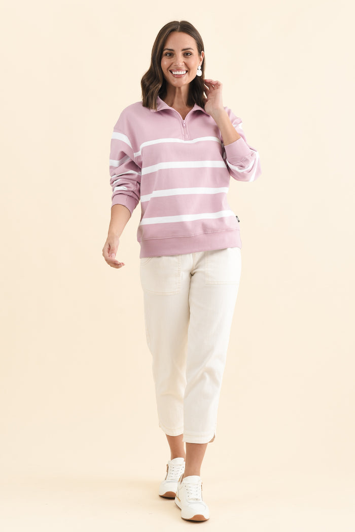 Freedom Pink Stripe Half Zip Sweatshirt,Brunette model,alt text|model:MJ