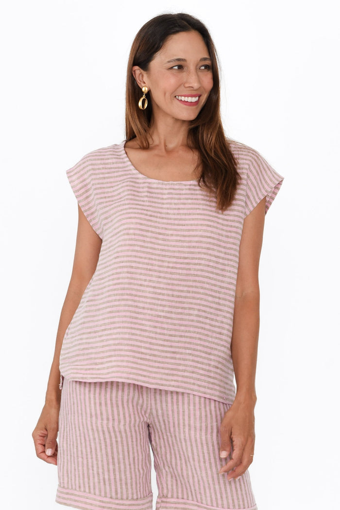 Gabriele Beige Stripe Linen Top,Brunette model,alt text|model:Cara