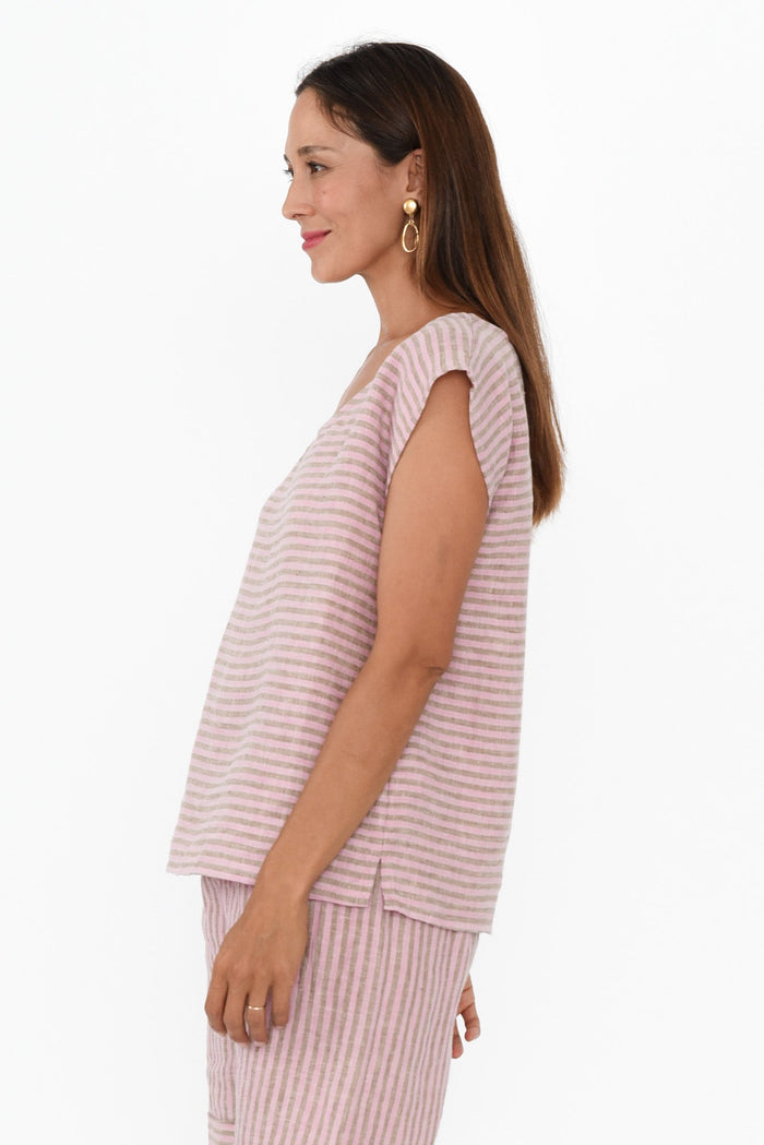 Gabriele Beige Stripe Linen Top,Brunette model,alt text|model:Cara