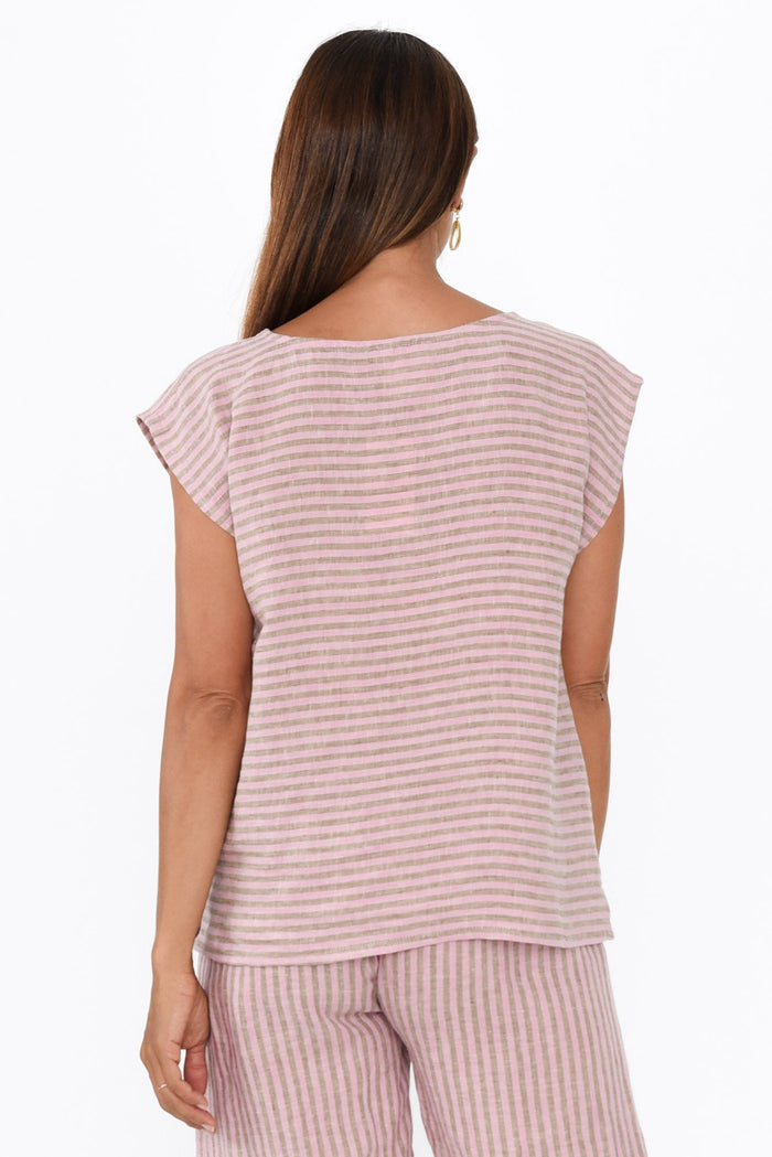 Gabriele Beige Stripe Linen Top,Brunette model,alt text|model:Cara