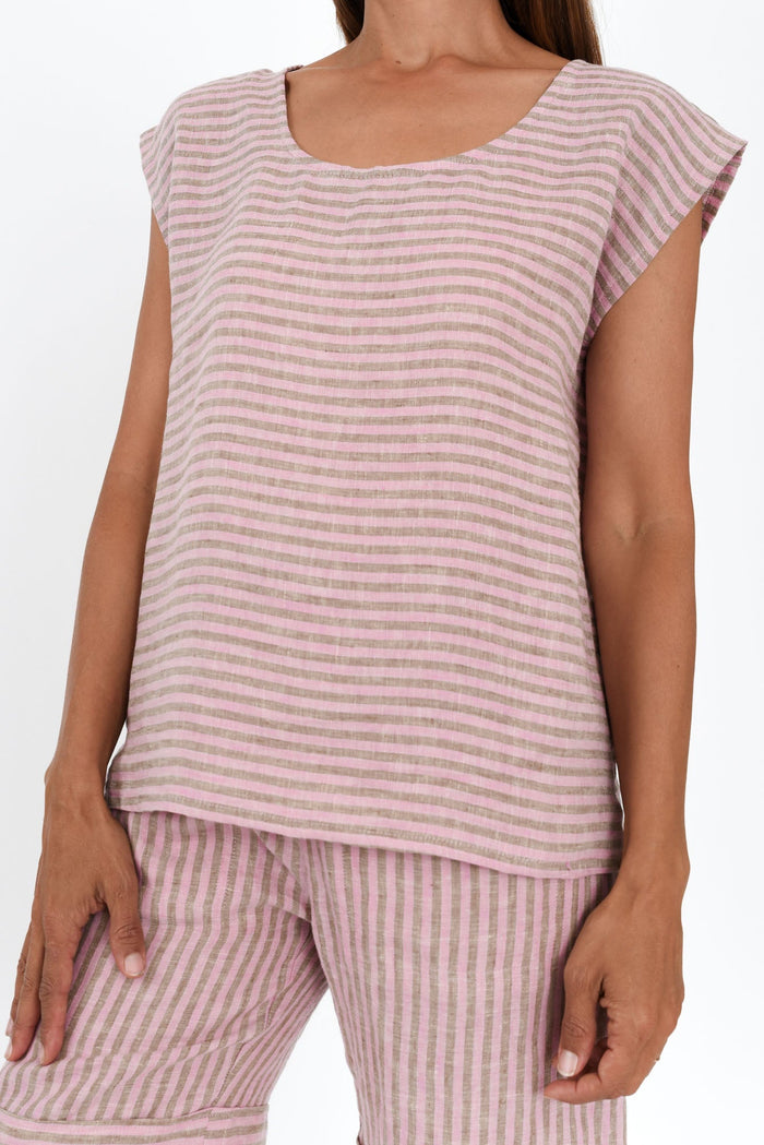Gabriele Beige Stripe Linen Top,Brunette model,alt text|model:Cara
