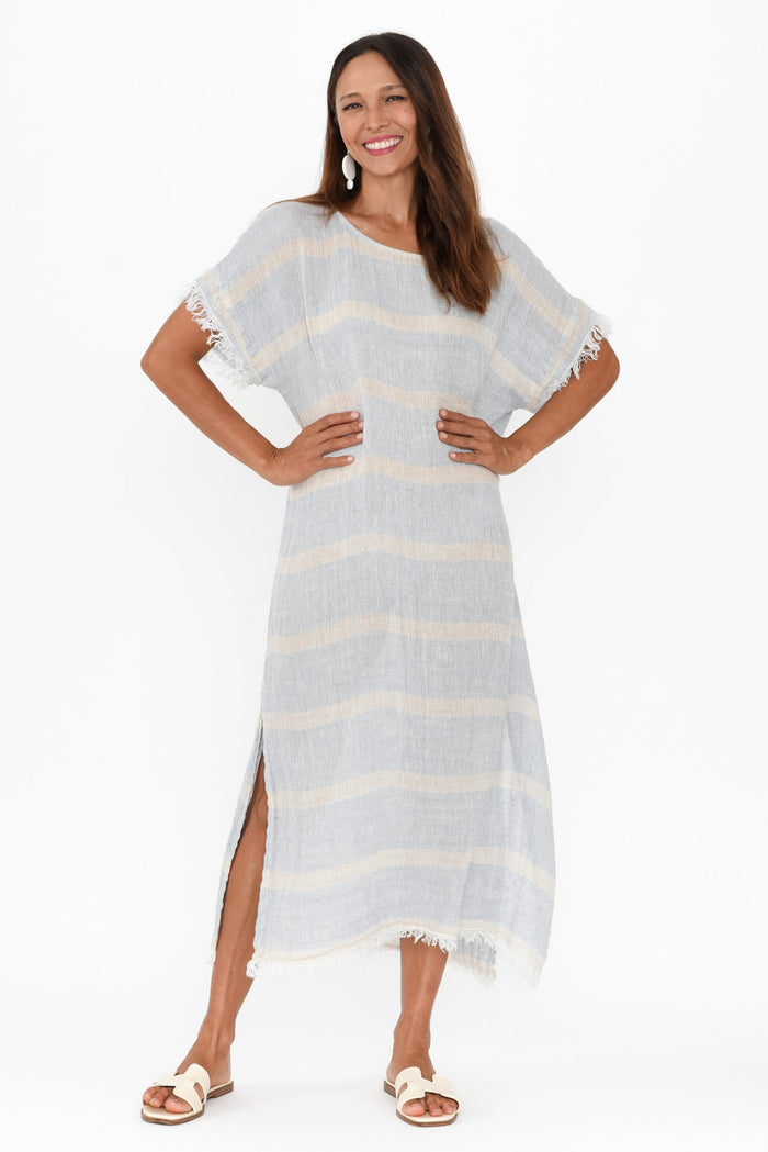 Galene Blue Stripe Linen Dress,Brunette model,alt text|model:Cara