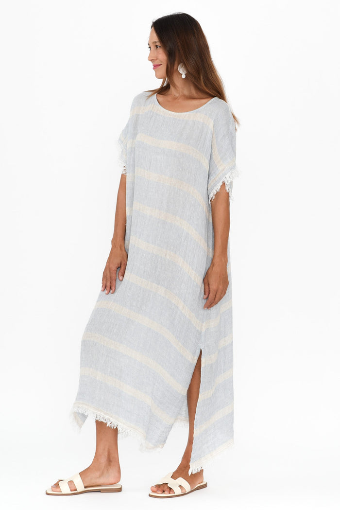 Galene Blue Stripe Linen Dress,Brunette model,alt text|model:Cara