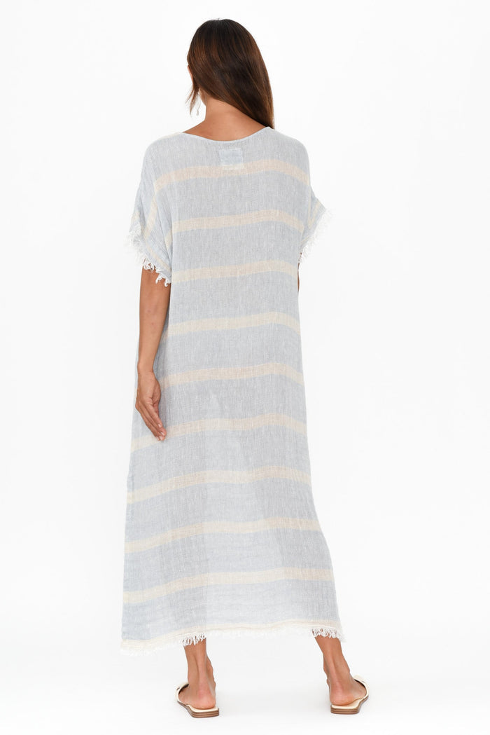 Galene Blue Stripe Linen Dress,Brunette model,alt text|model:Cara