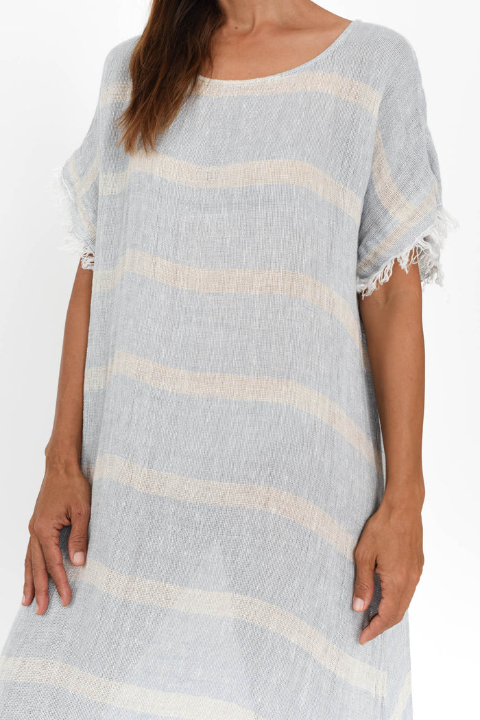 Galene Blue Stripe Linen Dress,Brunette model,alt text|model:Cara