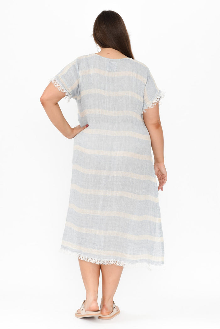Galene Blue Stripe Linen Dress,Brunette model,alt text|model:Gabby