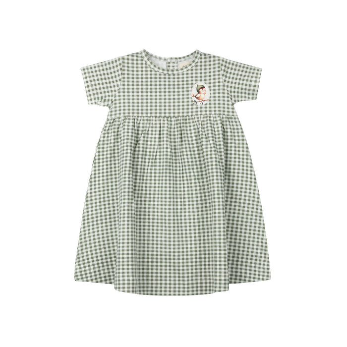 Girls Dress - 3/4 Sleeves Sage - Gingham Owl