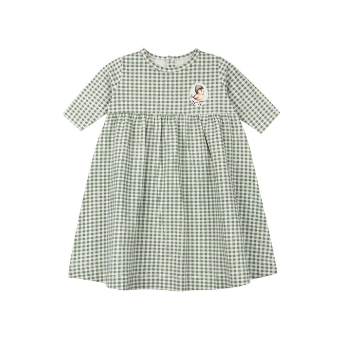 Girls Dress - 3/4 Sleeves Sage - Gingham Owl