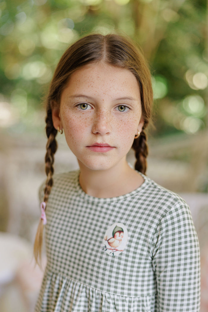 Girls Dress - 3/4 Sleeves Sage - Gingham Owl