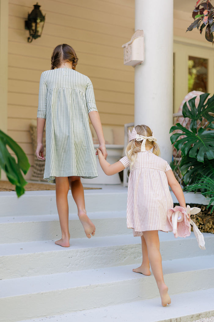 Girls Dress - 3/4 Sleeves Sage - Gingham Owl