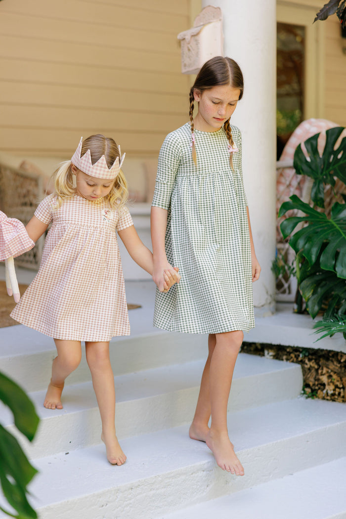 Girls Dress - 3/4 Sleeves Sage - Gingham Owl