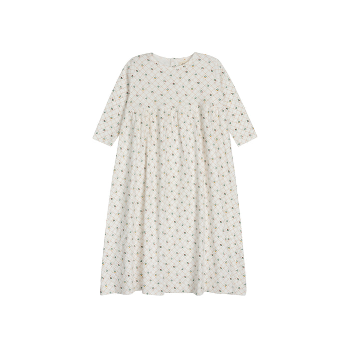 Girls Dress 3/4 Sleeves - Ivory - Floral Grid