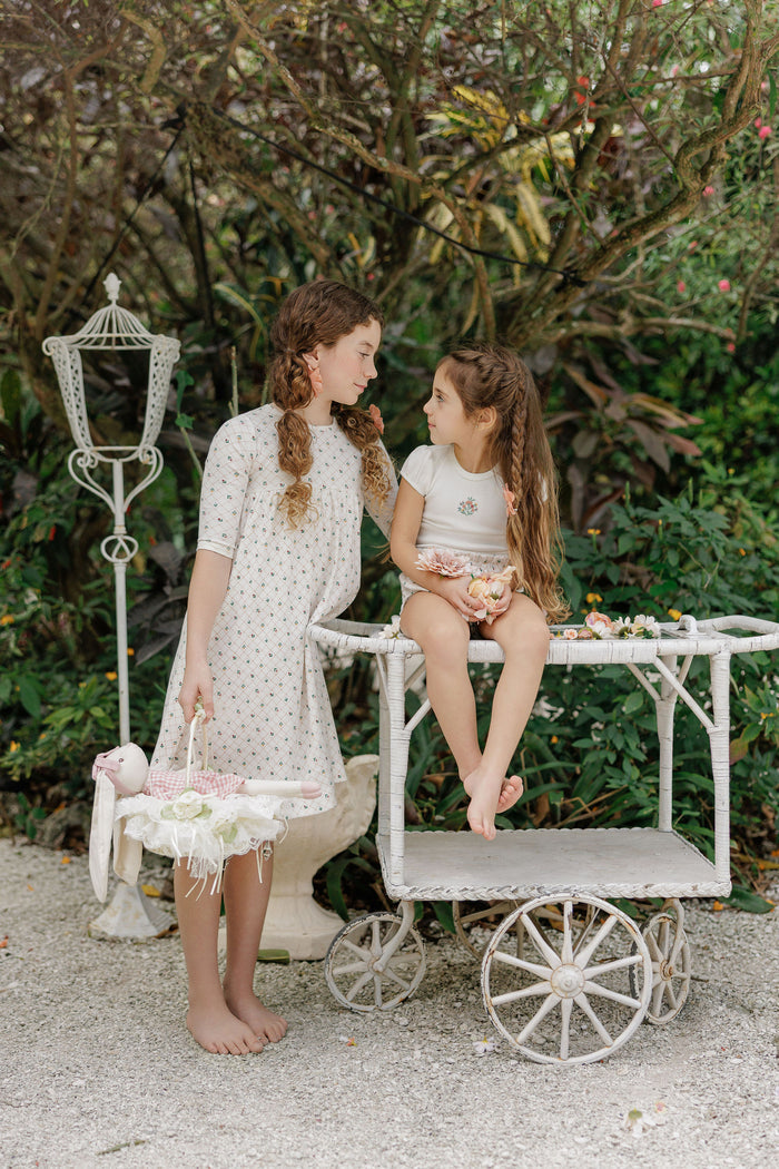 Girls Dress 3/4 Sleeves - Ivory - Floral Grid