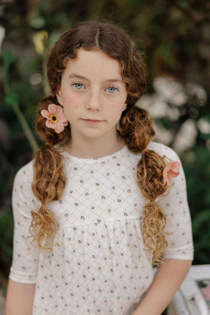 Girls Dress 3/4 Sleeves - Ivory - Floral Grid