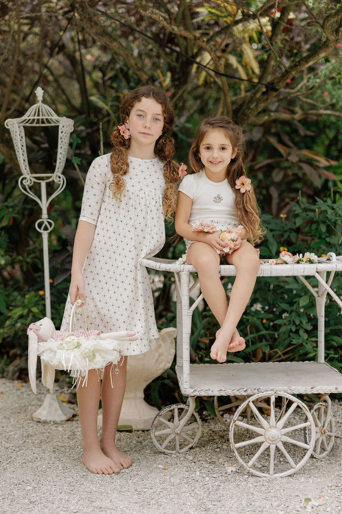 Girls Dress 3/4 Sleeves - Ivory - Floral Grid