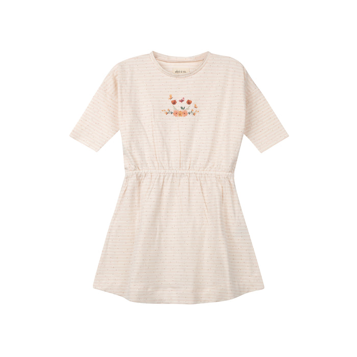 Girls Dress 3/4 Sleeves - Ivory Pink - Floral Stripe