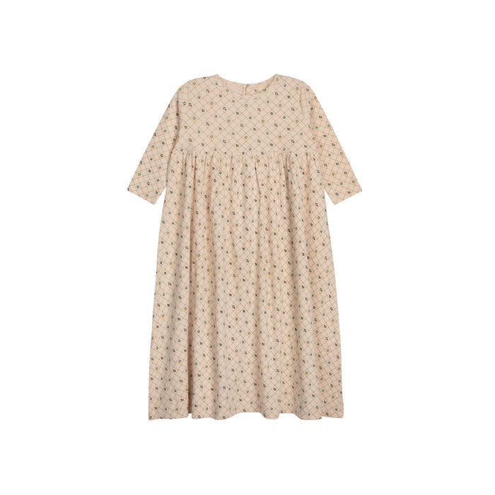 Girls Dress 3/4 Sleeves - Pink - Floral Grid