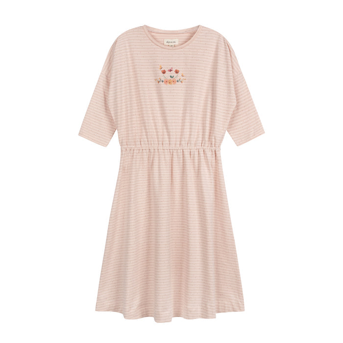 Girls Dress 3/4 Sleeves - Pink - Floral Stripe