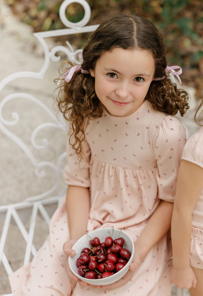 Girls Dress 3/4 Sleeves – Pink – Bow Pattern
