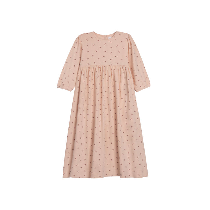 Girls Dress 3/4 Sleeves – Pink – Bow Pattern