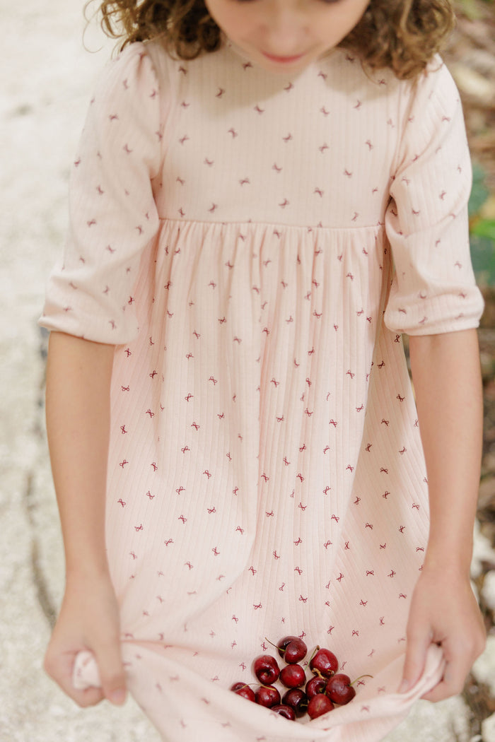 Girls Dress 3/4 Sleeves – Pink – Bow Pattern