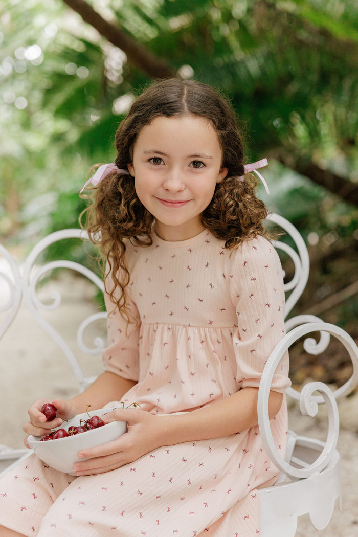 Girls Dress 3/4 Sleeves – Pink – Bow Pattern