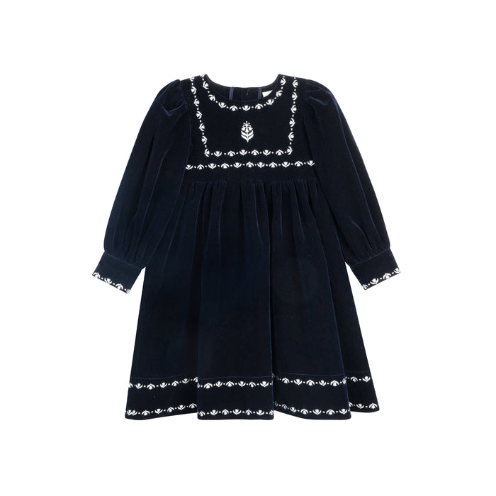 Girls Dress – Navy – Embroidered Trim